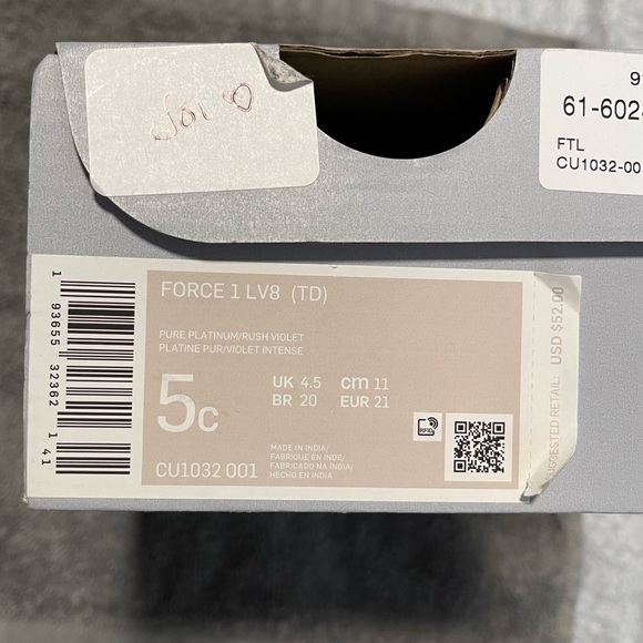 Nike Air Force 1 LV8 1 (TD)  - Toddler 5C - Platinum Violet “Dunk It” - Picture 5 of 5